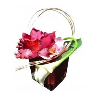 Vase rouge avec Feuille d'orchidé rose