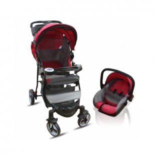 Poussette rouge avec maxi-cosi